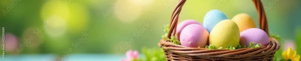 Naklejka premium Tiny pastel eggs in a basket, vibrant spring colors, happy, mini, nest