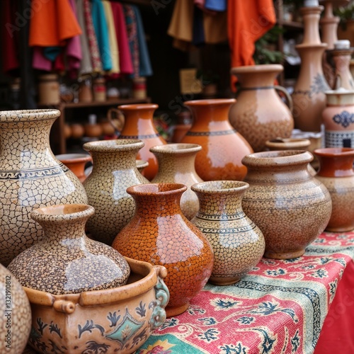 Handcrafted Textured Ceramic Pottery in Orange and Beige