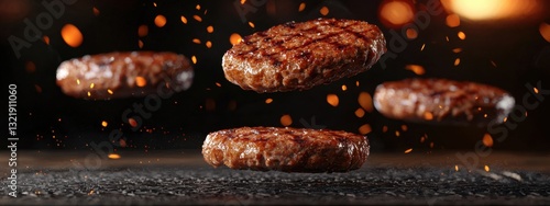 Grill burger, realistic 3d burgers falling in the air, grilled meat collection, ultra realistic, icon, falling, flying, detailed, angle view food photo, burger composition . 