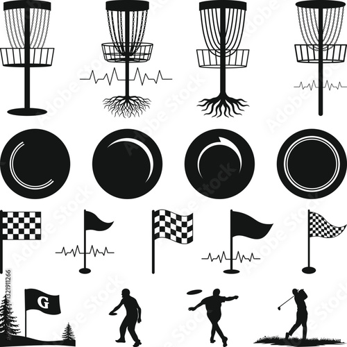 Disc Golf Basket With Frisbee Silhouette, Disc Golf Heartbeat Silhouette, Sports Vector, Disc Golf Basket Silhouette Illustration, Golf flag