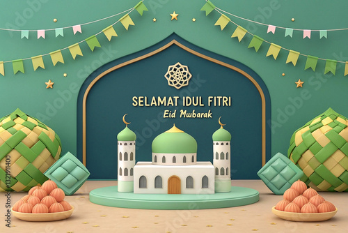 Festive Eid greeting card with mosque and traditional treats photo