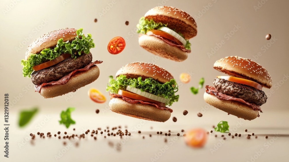 Grill burger, realistic 3d burgers falling in the air, grilled meat collection, ultra realistic, icon, falling, flying, detailed, angle view food photo, burger composition . Grill burger, realistic 3d burgers falling in the air, grilled meat collection, ultra realistic, icon, falling, flying, detailed, angle view food photo, burger composition .