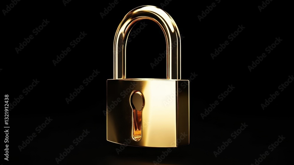 Fototapeta premium A shiny gold padlock isolated on a stark black background