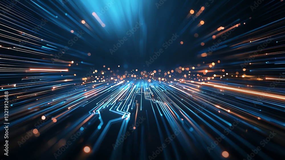 Fototapeta premium A vibrant digital abstract image showing streams of light and data points, symbolizing speed and innovation in technology and digital transformation.