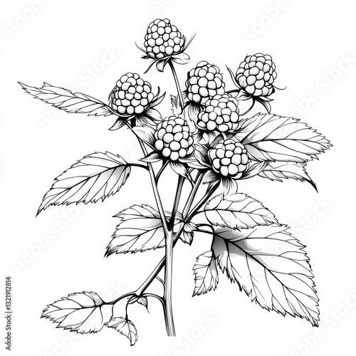 Detailed Line Drawing of Raspberries on Branch