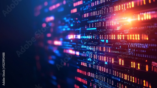 A captivating abstract image showcasing a colorful digital data stream, with binary code and vibrant lights representing advanced technology and data processing.