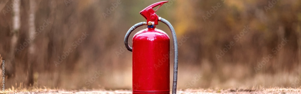 Naklejka premium Red Fire Extinguisher in a Blurred Forest Setting