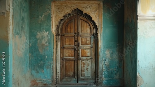  Traditional Indian Entryway with  Hand-Painted Wall Murals ,Vintage Door and Clay Pots.