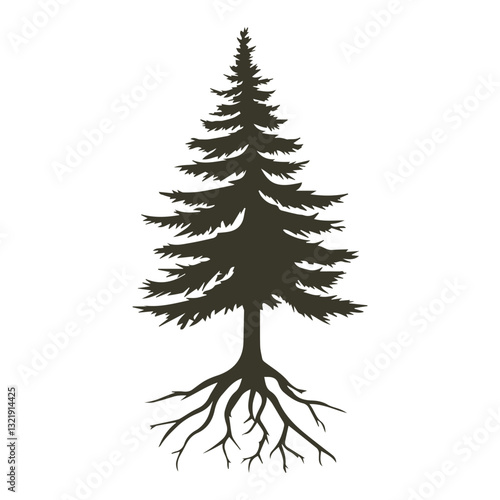 Pine Tree with Exposed Roots – Evergreen Forest Symbol Vector Illustration