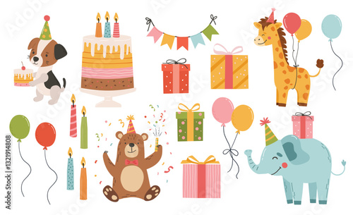 Birthday animals collection, cake, gifts. Birthday party vector. Invitation, sticker, greeting card
