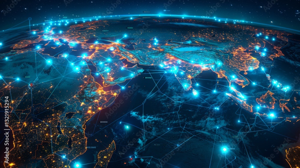 A vibrant depiction of Earth from space depicts illuminated cities and intricate networks symbolizing global connectivity and communication between continents at night. A vibrant depiction of Earth from space depicts illuminated cities and intricate networks symbolizing global connectivity and communication between continents at night.