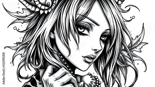 Ultra detailed tattoo design gothic anime character design with neo tribalism tattoo style elements black and grey colors
