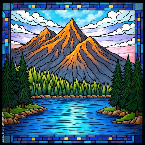 Mountain Lake Stained Glass Serene Reflection