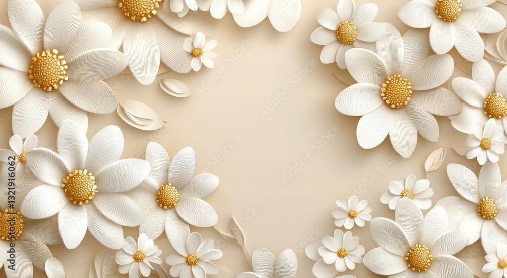 3D paper-cut view white daisy flowers on a beige background 3D paper-cut view white daisy flowers on a beige background