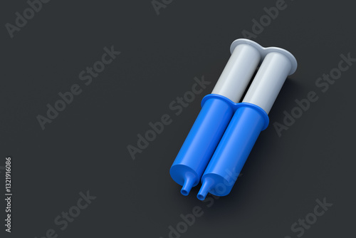 One two-component epoxy resin adhesive in syringe on black background. Glue for metal. Equipment for repair. Copy space. 3d render