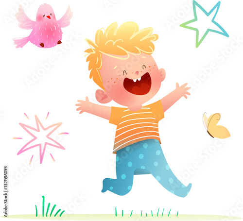Bright and silly cartoon illustration of a happy boy laughing openly with arms stretched, expressing joy and excitement. Childhood and kindergarten character. Vector cartoon for kids.