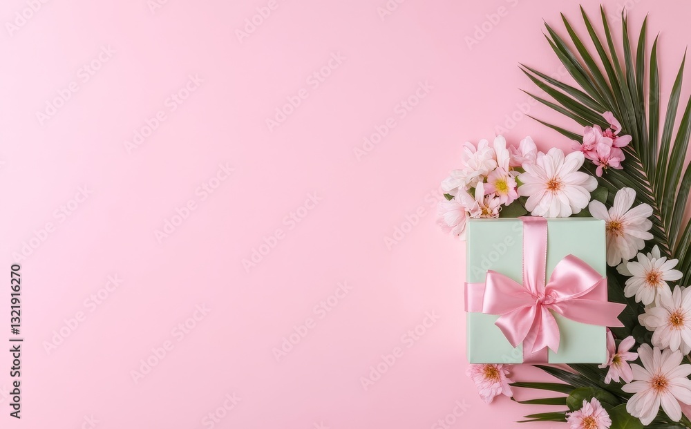 Delightful gift box adorned with pink ribbon and fresh flowers against a serene pastel pink backdrop Delightful gift box adorned with pink ribbon and fresh flowers against a serene pastel pink backdrop