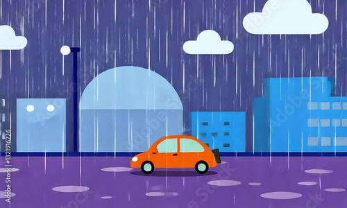 a car  driving through a rain storm with  buildings in the background