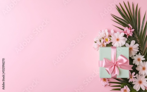 Wallpaper Mural Delightful gift box adorned with pink ribbon and fresh flowers against a serene pastel pink backdrop Torontodigital.ca