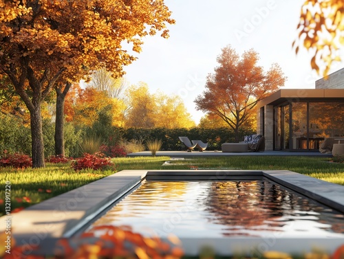 Modern garden retreat with autumn foliage and reflective pool