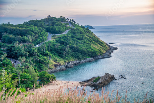 Obraz na płótnie Breathtaking aerial view of Phuket Island at sunset with golden sky and ocean w salonie