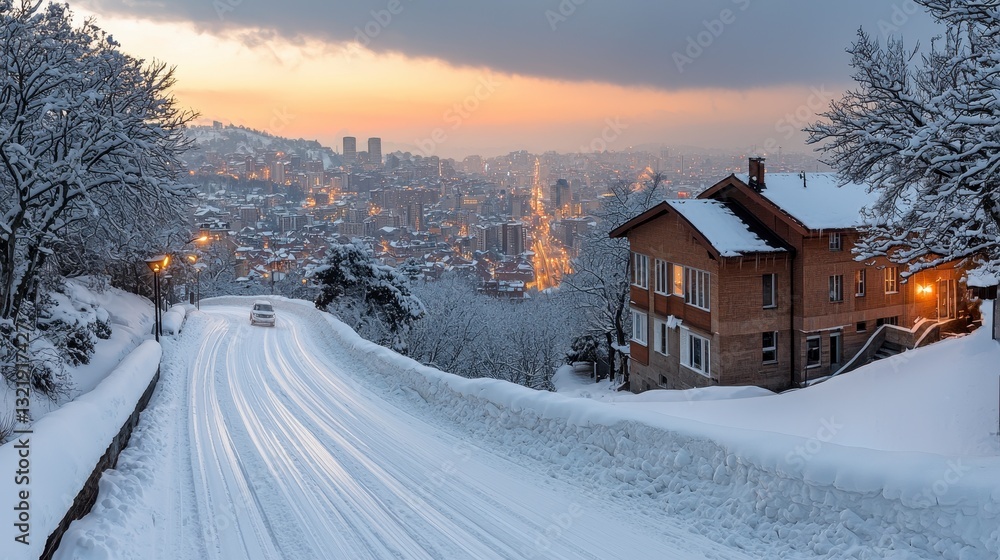 Snowy Cityscape View from a Snow Covered Hill at Sunset Snowy Cityscape View from a Snow Covered Hill at Sunset