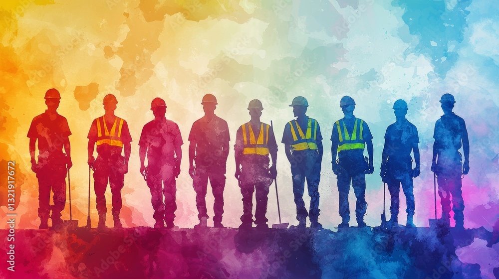 Watercolor Illustration of Teamwork in Construction Sector Diversity