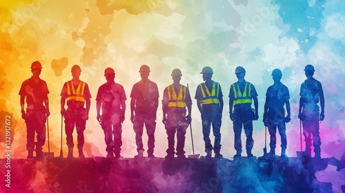 Obraz na płótnie Watercolor Illustration of Teamwork in Construction Sector Diversity w salonie