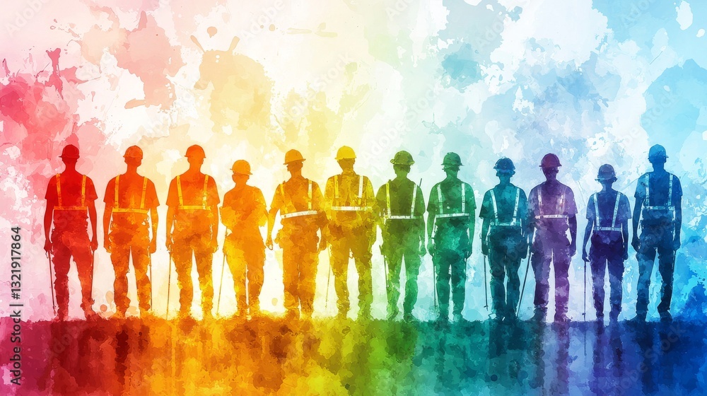 Diverse construction team, painted in vibrant colors, standing together united