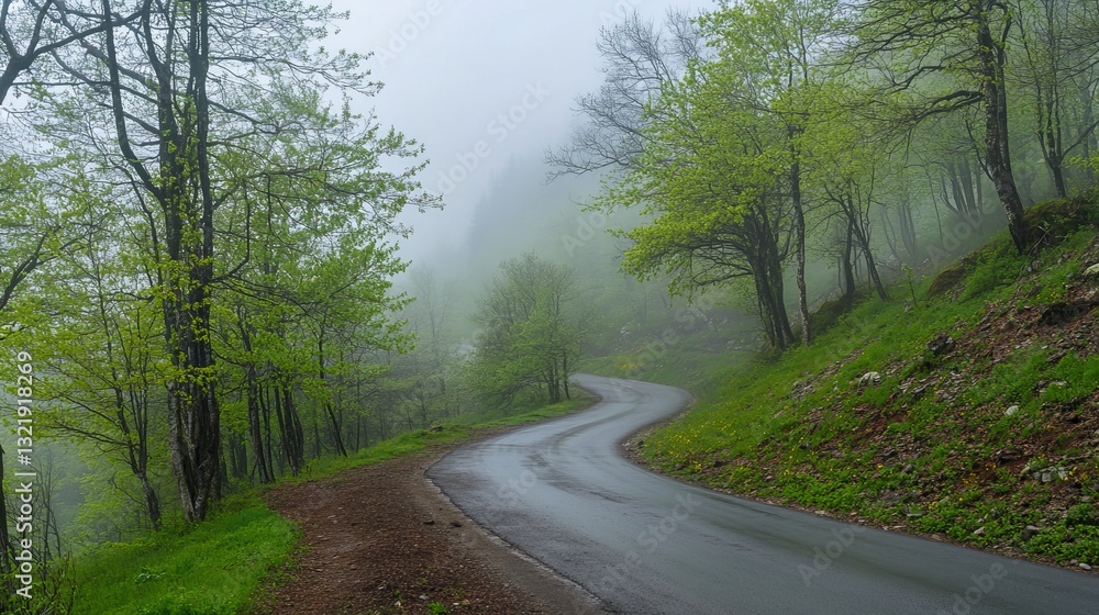 Naklejka premium Foggy forest road on a rainy spring day A scenic curved mountain roadway surrounded by green foliage mist and an overcast sky A summer landscape featuring an empty asphalt road through