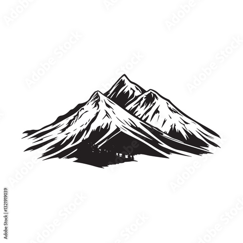 Mountain Range with Snowy Peaks – Black and White Landscape Illustration