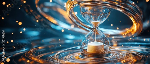 A glass clock with a gold face and a blue background
