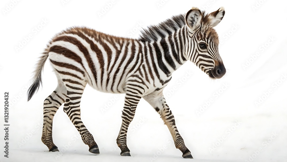 Obraz premium Beautiful Baby Zebra on a White Background – Adorable Wildlife Photography