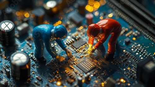 Miniature engineers team at work repairing complex motherboard structure