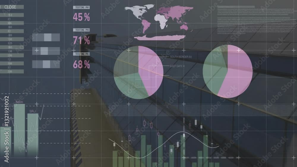 Animation of data analytics and global statistics on modern architectural background