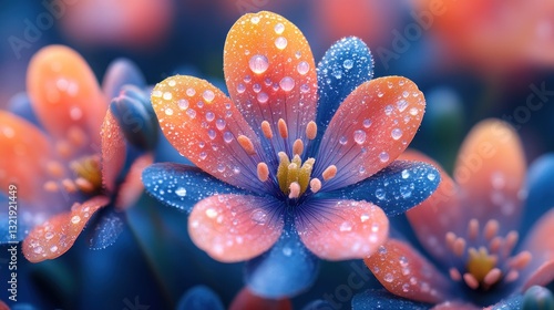 Dew-Kissed Blooms: A Symphony of Peach and Blue
