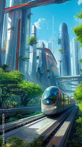 An electric train powered by magnetic levitation, speeding through a green energy-powered futuristic cityscape, vertical, illustration