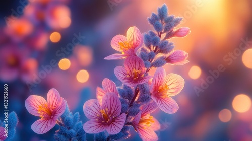Enchanted Sunset Bloom: A Serene Pink Flower Garden at Golden Hour