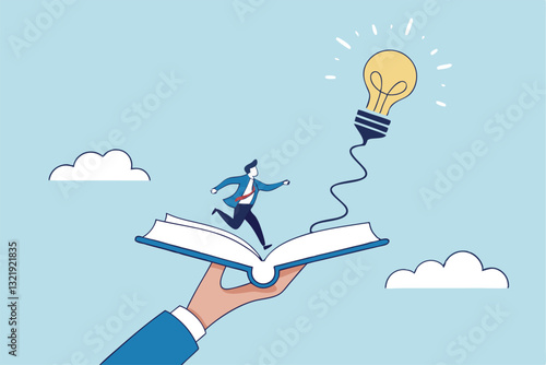 Effective learning new knowledge lead to success, wisdom or idea creativity, literature or inspiration, opportunity advice concept, young man running on opening book with stair up to lightbulb idea.