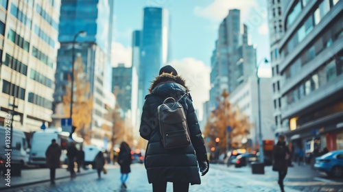 A person walking on a busy urban street, showcasing modern architecture and a vibrant city atmosphere, captured in a moment of urban exploration and city life.