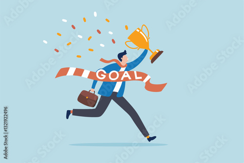 Success winning businessman, achievement, succeed performance or business victory, career success, goal or target accomplishment concept, success businessman running reach finish line with trophy.