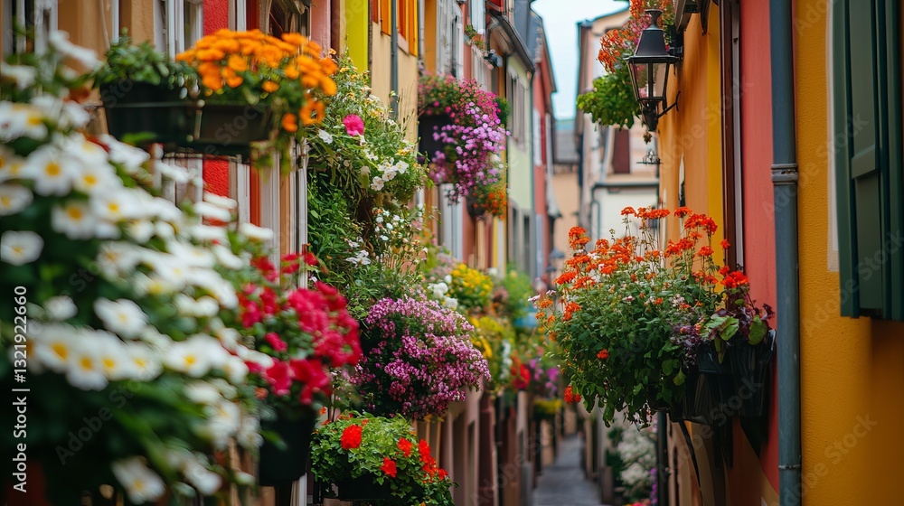 Fototapeta premium Popular tourist attraction and travel destination A charming street view showcasing colorful buildings and flowers in Colmar France Europe