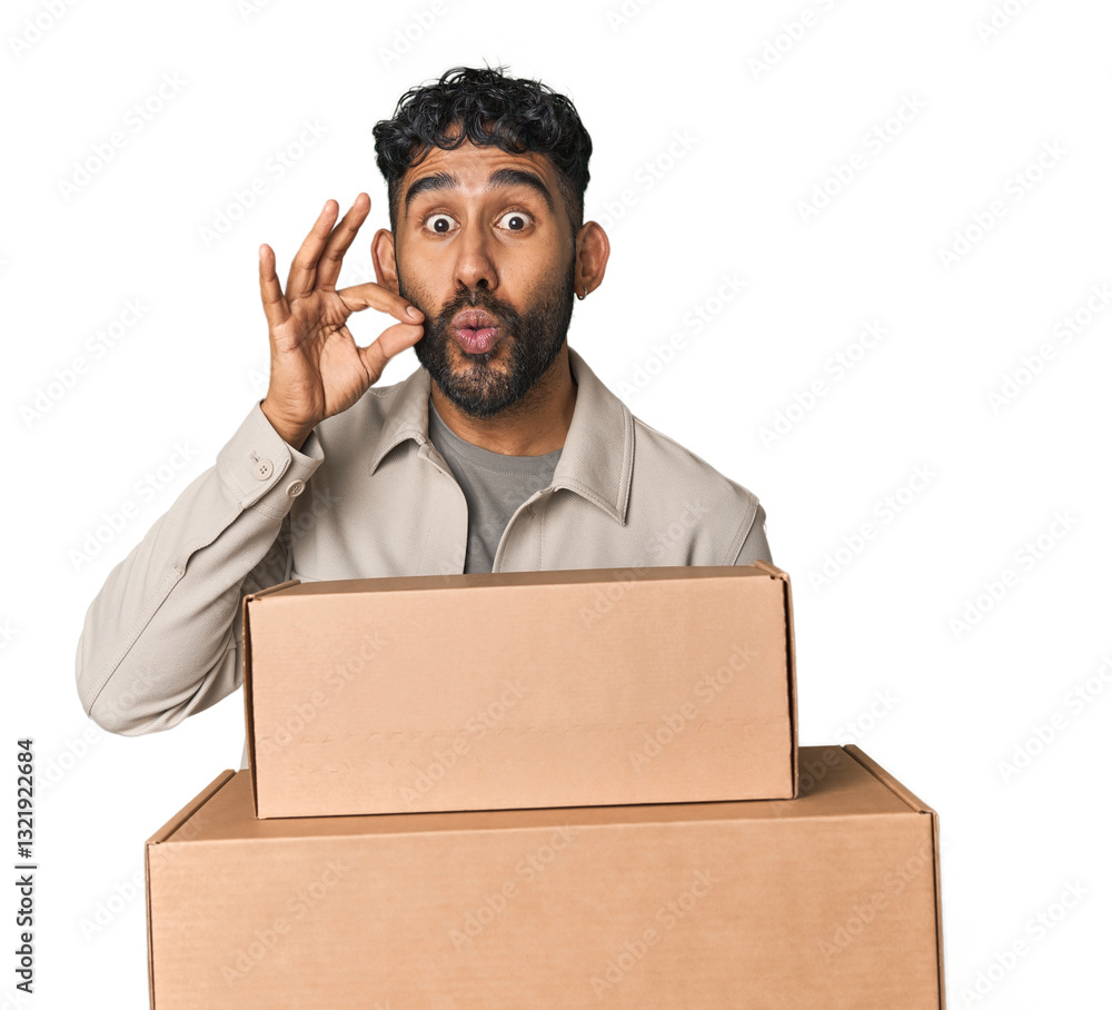 Hispanic male holding cardboard boxes in studio with fingers on lips keeping a secret. Hispanic male holding cardboard boxes in studio with fingers on lips keeping a secret.