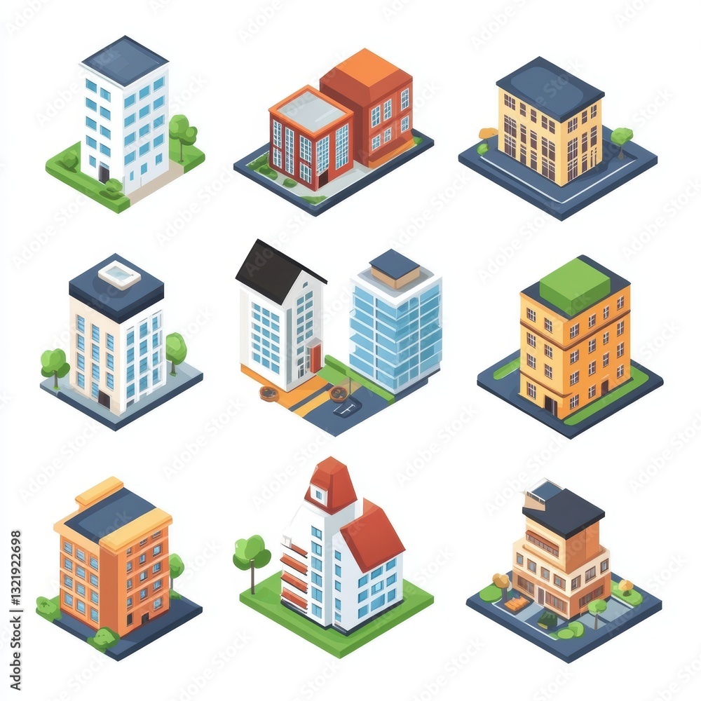 A diverse set of isometric buildings, combining traditional and modern designs, perfect for city planning visuals. A diverse set of isometric buildings, combining traditional and modern designs, perfect for city planning visuals.