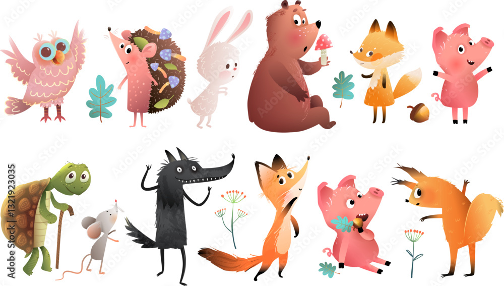 Fototapeta premium Collection of wild forest animals, cute wildlife characters for children. Little bear wolf fox hedgehog with owl, and a turtle collection. Vector animals design for kids, isolated cartoon collection.