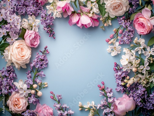 Wallpaper Mural Delicate floral arrangement showcasing pastel roses and lilac blossoms on azure backdrop Torontodigital.ca