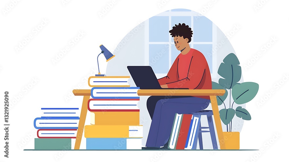 Student studying at a desk with books and a laptop, learning and knowledge