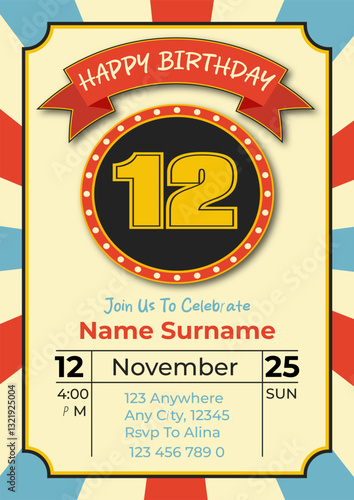 Cinematic birthday Invitation card template theme. 12th Kids' Movie Party Card