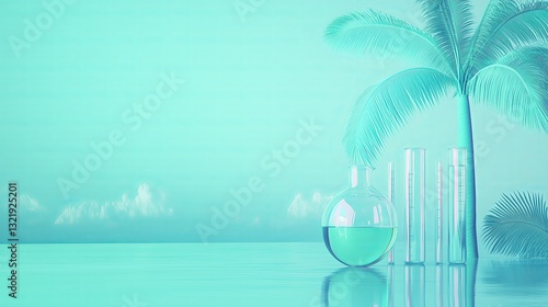 Tropical laboratory scene with test tubes and a round flask on a reflective surface, featuring a palm tree and a serene blue background, laboratory concept