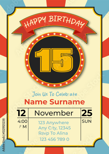 Cinematic birthday Invitation card template theme. 15th Kids' Movie Party Card